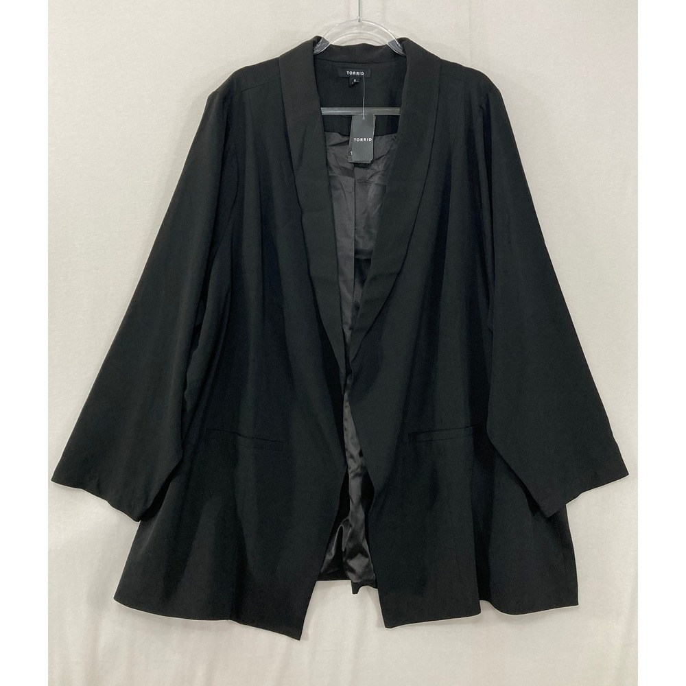New Torrid Longline Crepe Blazer 5X Black Open Front Shawl Collar Preppy